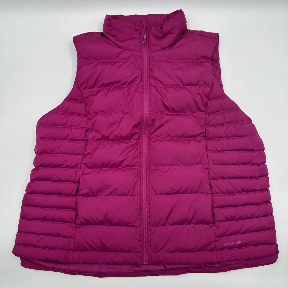 Lands End Women 1X Puffer Vest Magenta Pink Down Insulated Quilted Full Zip READ